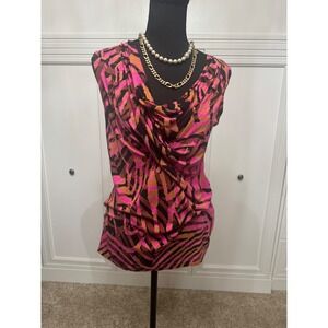 Cabi Women's Tank Top Medium Pink‎ Brown Sleeveless Cowl Neck Animal Print